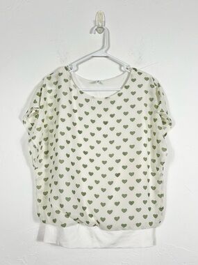 VIISHOW White Sage Green Heart Print Double Layer Banded Hem Blouse S